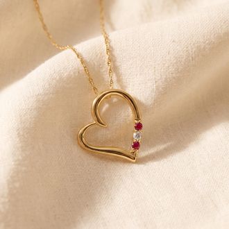 Pompeii3 Diamond & Ruby Heart Pendant 3-Stone 10K Yellow Gold with 18 Chain