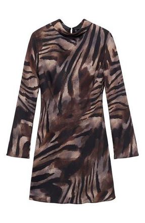 Mango Animal Print Long Sleeve Satin Minidress in Brown at Nordstrom Rack, Size 4
