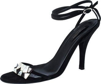 Sergio Rossi Black Suede Mother Of Pearl Ankle Wrap Sandals
