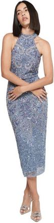 Beauut Occasion Embellished Sequin Beaded Halter Neck Evening Midi Dress in Powder Blue at Nordstrom, Size 10