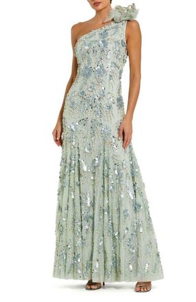 Mac Duggal One Shoulder Beaded 3D Flower Detail Trumpet Gown in Sage at Nordstrom, Size 10
