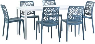 Siediti Fuori e Dentro Conjunto de jardín mesa rectangular blanca + 6 sillas azul petróleo