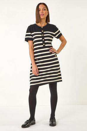 Roman Stripe Button A-Line Knit Dress