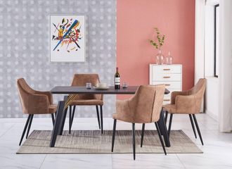 Life Interiors Juego De Comedor Cosmo Lux Zarah: Mesa De Comedor De Madera Negra Y Juego De 4 Sillas De Comedor De Cuero Marr&oacute;n - Comedor Cocina