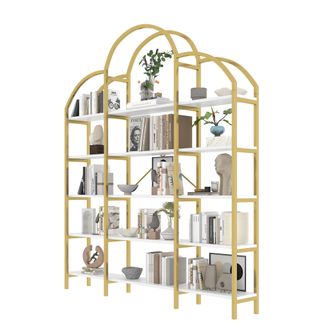 STILVORA Estanter&iacute;a Librer&iacute;a 5 Niveles Con Decoraci&oacute;n Nube, Estructura Estable En Metal Y Mdf Blanco Oro
