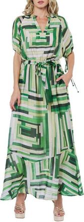 Ciebon Gemma Puff Sleeve Tie Belt Maxi Dress in Green Multi at Nordstrom, Size X-Small