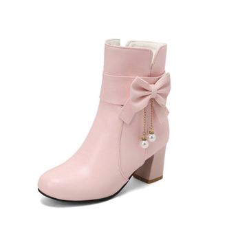 Generic Womens Ankle Boots with Bow Detail & Pearl Charms - Chunky Heel, Sweet Design for casual and Semi-Formal Occasions,Pink,5.5 UK