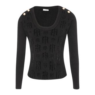 Fracomina Slim Monogram Knit met Juweelknopen - Dames - Ronde hals truien - Zwart - M - Polyester - Truien & Vesten