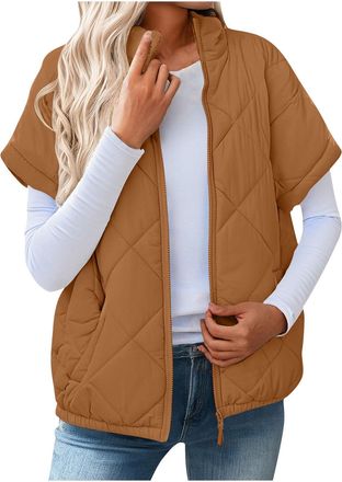 Generic Womens Quilted Gilet Outerwear Puffer Vest Short Sleeve Zip Up Lightweight Jacket Elegant Stand Collar Quilted Jackets Warm Winter Casual Coat Warmer 