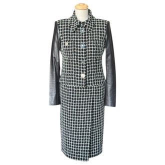 Chanel Checked Suit With Leather Sleeves Size M