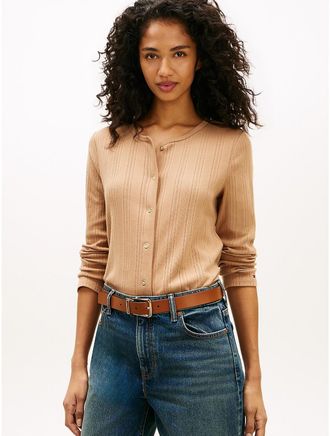 Tommy Hilfiger Womens Pointelle Cardigan T-Shirt - Brown - XXL