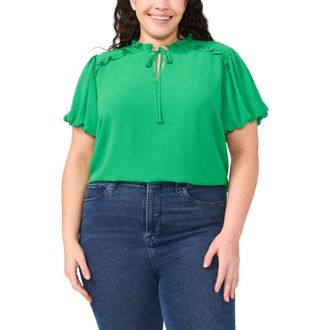 CeCe by Cynthia Steffe Ruffle Tie Neck Puff Sleeve Top in Medium Green at Nordstrom, Size 2 X