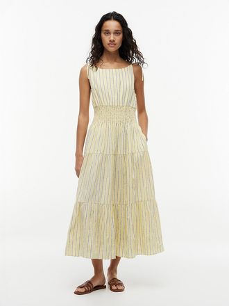 Tommy Hilfiger Womens Tiered Seersucker Midi Dress - Yellow - L
