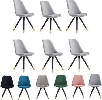 Life Interiors Set of 6 Light Grey Sofia Ergonomic Modern Dining Chairs Upholstered in Velvet, Metal Legs with Gold End Tips