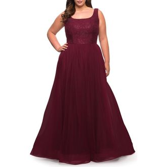 La Femme A-line Tulle and Lace Plus Size Gown with Slit in Dark Berry at Nordstrom, Size 18W
