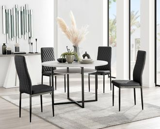 Furniturebox Adley Grey Concrete Effect & Black Round Dining Table with Shelf & 4 Faux Leather Milan Dining Chairs