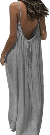 Generic Womens Solid Color Backless Dress Summer Open Back Spaghetti Strap Maxi Dresses Casual Flowy Dress Gray