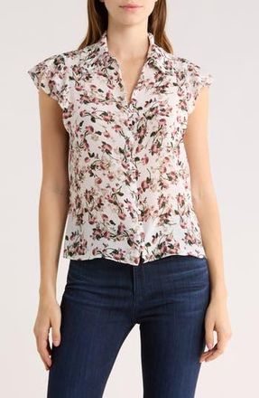 Alice & Olivia Martel Floral Flutter Sleeve Silk Button-Up Top in Fleur Frills Off White at Nordstrom Rack, Size X-Small