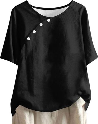 Generic Womens Summer Tops Cotton Linen Shirts Casual Blouses Boho Embroidered Top Floral Printed Short Sleeve Button Tshirt Vintage Pullover Elegant T Shirts