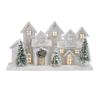 Melrose International LED Flocked Winter Village Display 17L - White, Green