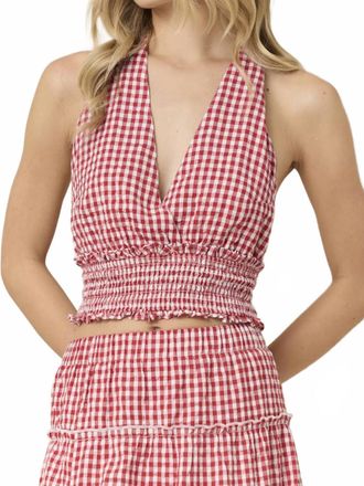 Vintage Havana Woven Smock Waist Halter Top In Cherry Gingham