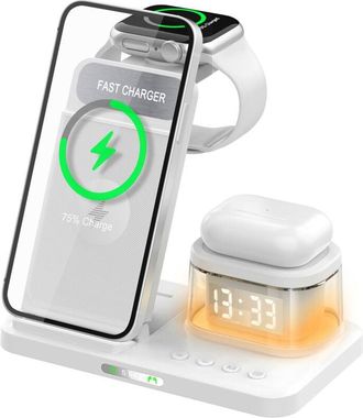 OEM Cargador Inal&aacute;mbrico R&aacute;pido Plegable 5 En 1 Con Luz Nocturna Y Reloj Transparente Para Dispositivos Apple (iphone 16, 15, 14, 13, 12, 11 Pro Max, Appl