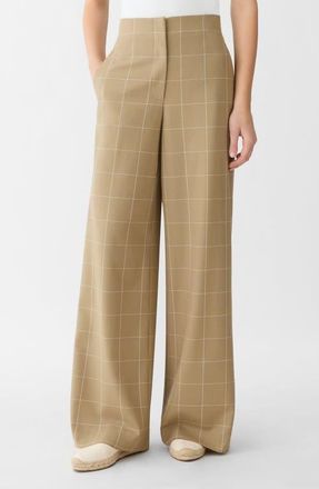 Lafayette 148 New York Thames Windowpane Plaid Tropical Wool Blend Wide Leg Pants in Cadet Khaki Multi at Nordstrom, Size 12