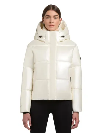 Khujo Devina Shiny-YM Womens Winter Jacket with Hood Warm Quilted Jacket Short in Shiny Look with Removable Hood XS-XXL, off white, S