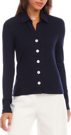 Karen Kane Button-Up Rib Top in Navy at Nordstrom, Size X-Small
