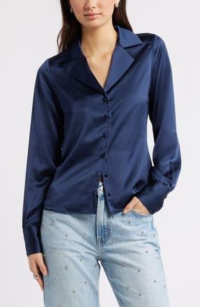 Open Edit Satin Button-Up Shirt in Navy Iris at Nordstrom Rack, Size X-Small