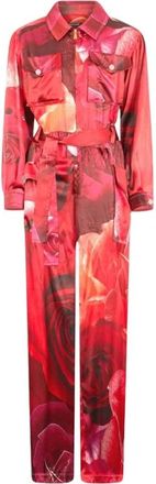 Roberto Cavalli Jumpsuit met rozenprint en overhemdkraag - Dames - Jumpsuits - Rood - M - Jumpsuits & Playsuits