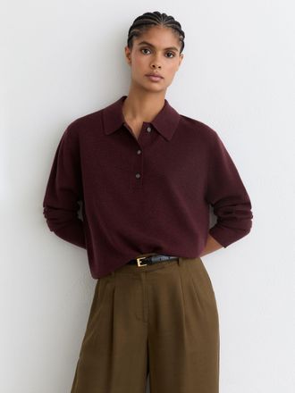 Reiss Plum Purple Merino Wool Knitted Polo Jumper, XL