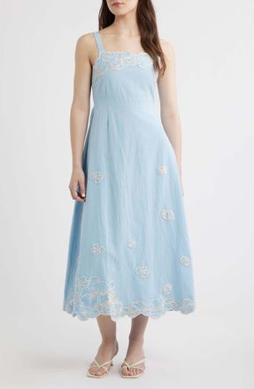 Cleobella Placed Floral Embroidery Cotton & Linen Chambray Sundress in Glacier Lake at Nordstrom, Size X-Large