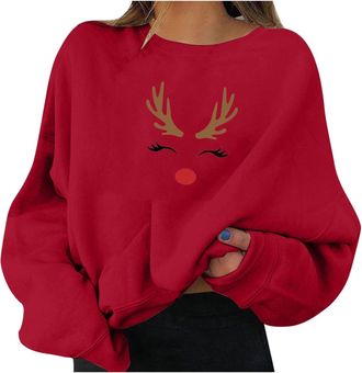 Generic Christmas Jumpers For Women Christmas Tops Ladies Xmas Jumpers Elegant Sweatshirts Reindeer Graphic Print Long Sleeve Shirt Holiday Tops Causal Pullov