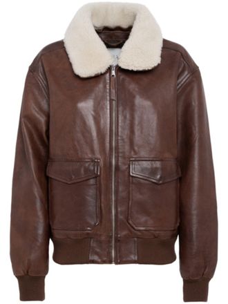 Tela Brown Lamb Leather Bomber Jacket with Shearling Collar