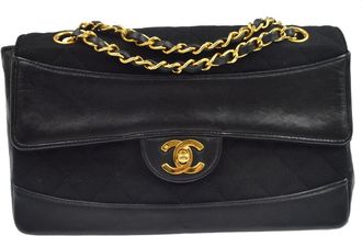 Chanel Vintage Cc Chain Flap Quilted Jersey And Lambskin Black Leather Handbag (Pre-Owned)