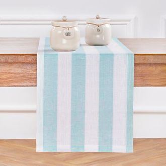 Solino Home Linen Table Runner for Dining Table, Holiday and Everyday Table Decor - Cabana Stripe in Aqua And White at Nordstrom, Size Xx-Small