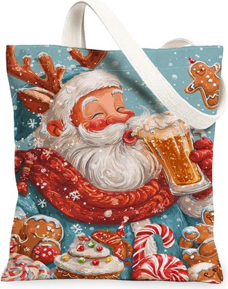 Generic Christmas Santa Canvas Tote Bags, Holiday Vintage Illustration Design Reusable Grocery Bags, Lightweight Washable Shoulder, Blue, 13x15 Inch