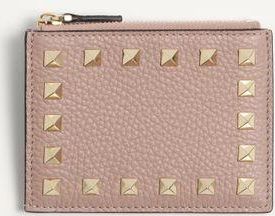 Valentino Garavani Portacarte Con Zip Rockstud In Vitello Granato Donna POUDRE UNI