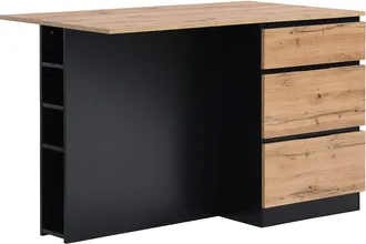 Vente-Unique Isla central de cocina con 6 cajones y 4 compartimentos de MDF - Natural claro y Negro - POMARELA