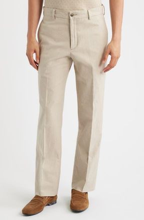 Berle Flat Front Cotton & Linen Straight Leg Pants in Khaki at Nordstrom, Size 30