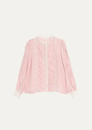 LoveShackFancy Jacque Lace-Trim Ruched Silk Top