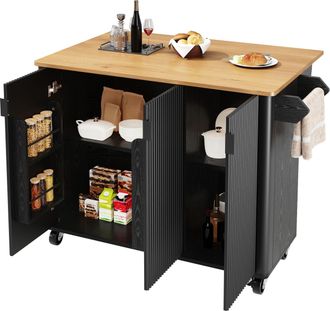 STILVORA Isla De Cocina Con 3 Puertas, Estantes Ajustables, Toallero Y Especiero, Con Ruedas, En Mdf, 130&times;45&times;92 Cm, Negro