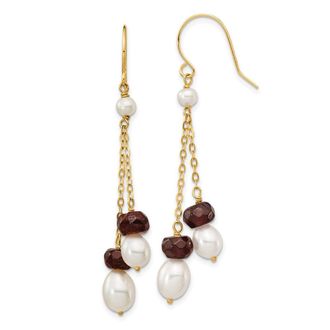 Diamond2Deal 14k Yellow Gold 6mm Freshwater Cultured Pearl and Garnet Double Chain Dangle Earrings