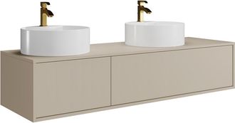 Vente-Unique Mueble de ba&ntilde;o flotante color beige con doble lavabo redondo - L150 cm - ISAURE II