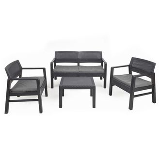 Trade Shop Trade Shop - Set Salotto Giardino Esterno Con Divano 2 Poltrone Tavolino Effetto Rattan Con Cuscini - Antracitas