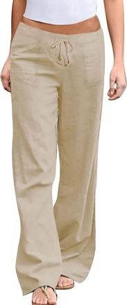 Generic Womens Petite Linen Trousers Loose Womens Clothing Summer Solid Color Elastic Waist Cotton Wide Leg Pants Casual Loose Lace Up Pants for Women Winters