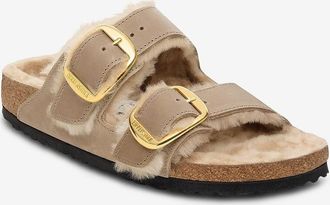 Birkenstock Flache Wildleder-Pantoletten mit Shearling-Futter Arizona Big Buckle