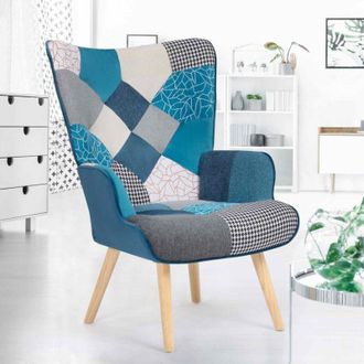 IDMarket Sillón escandinavo IVAR de tela patchwork y terciopelo azul