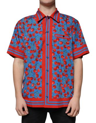 Dolce & Gabbana Blue Cherry Cotton Button Down Casual Mens Shirt